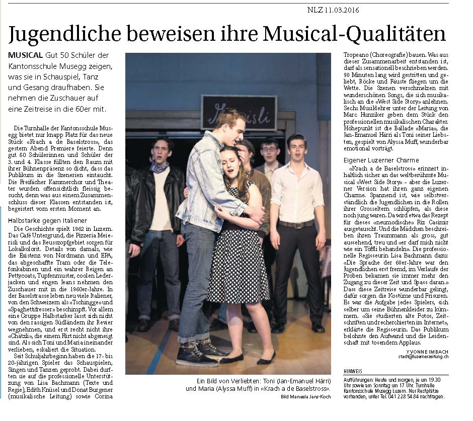 «Jugendliche beweisen ihre Musical-Qualitäten», Neue Luzerner Zeitung, 11. März 2016